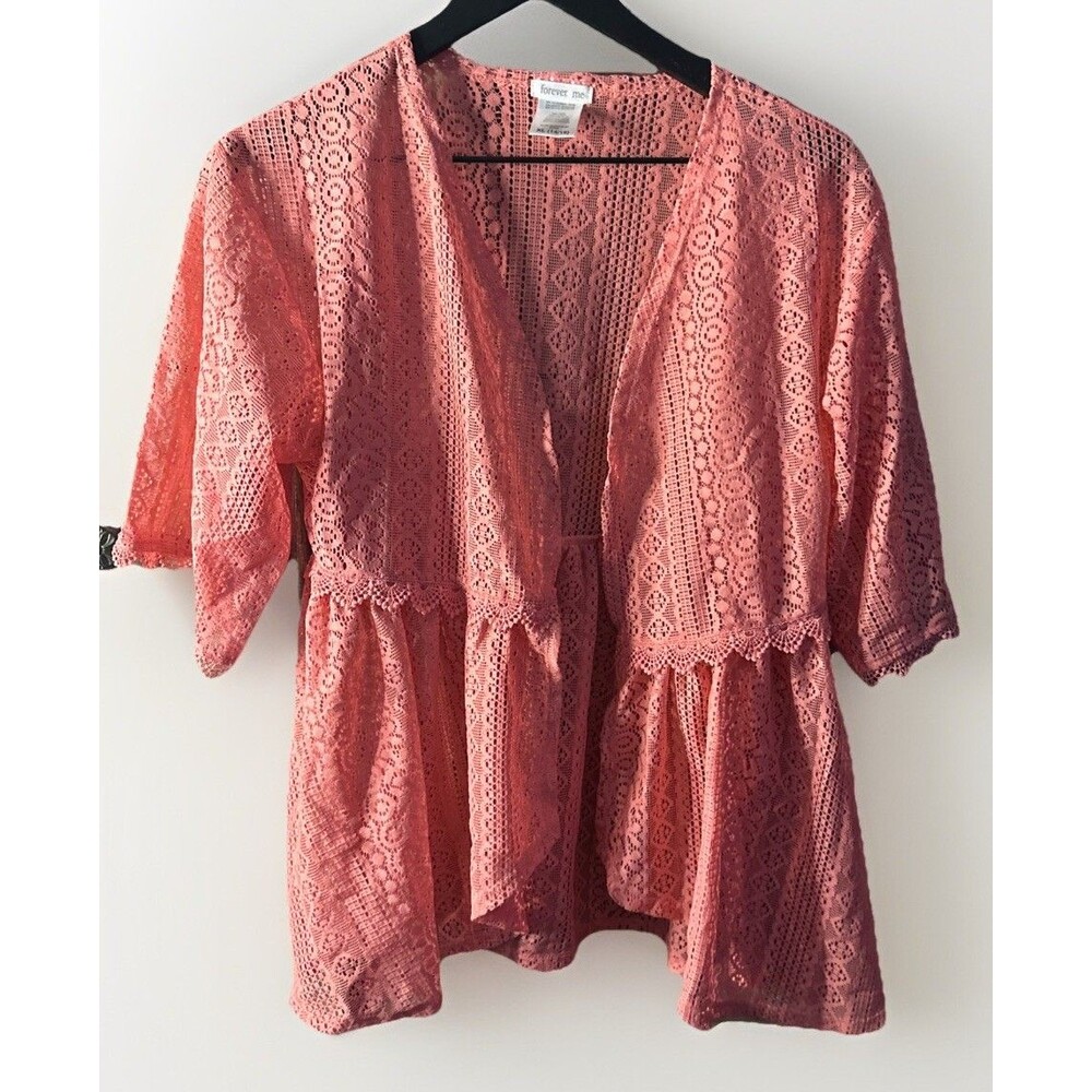 Forever‎ Me Peach Lace Cardigan Open Front Crochet Look Lightweight Sz 14-16